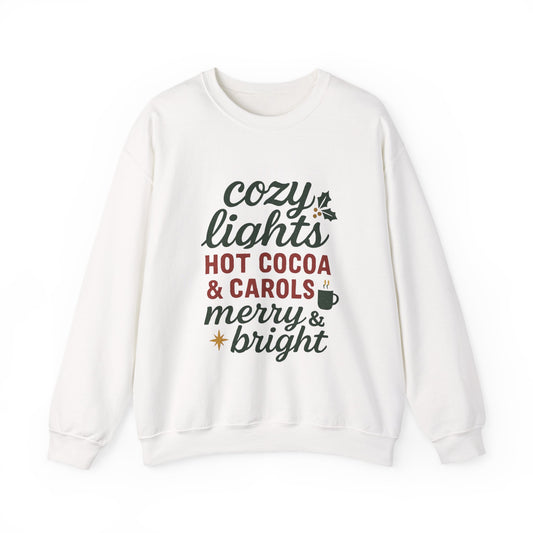 Cozy Lights Holiday Sweatshirt — "Cozy Lights Hot Cocoa & Carols" Christmas Crewneck