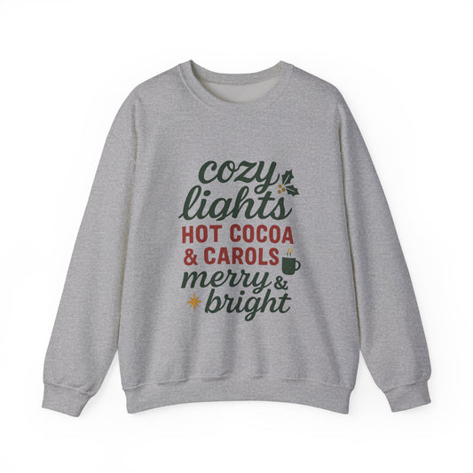 Cozy Lights Holiday Sweatshirt — "Cozy Lights Hot Cocoa & Carols" Christmas Crewneck