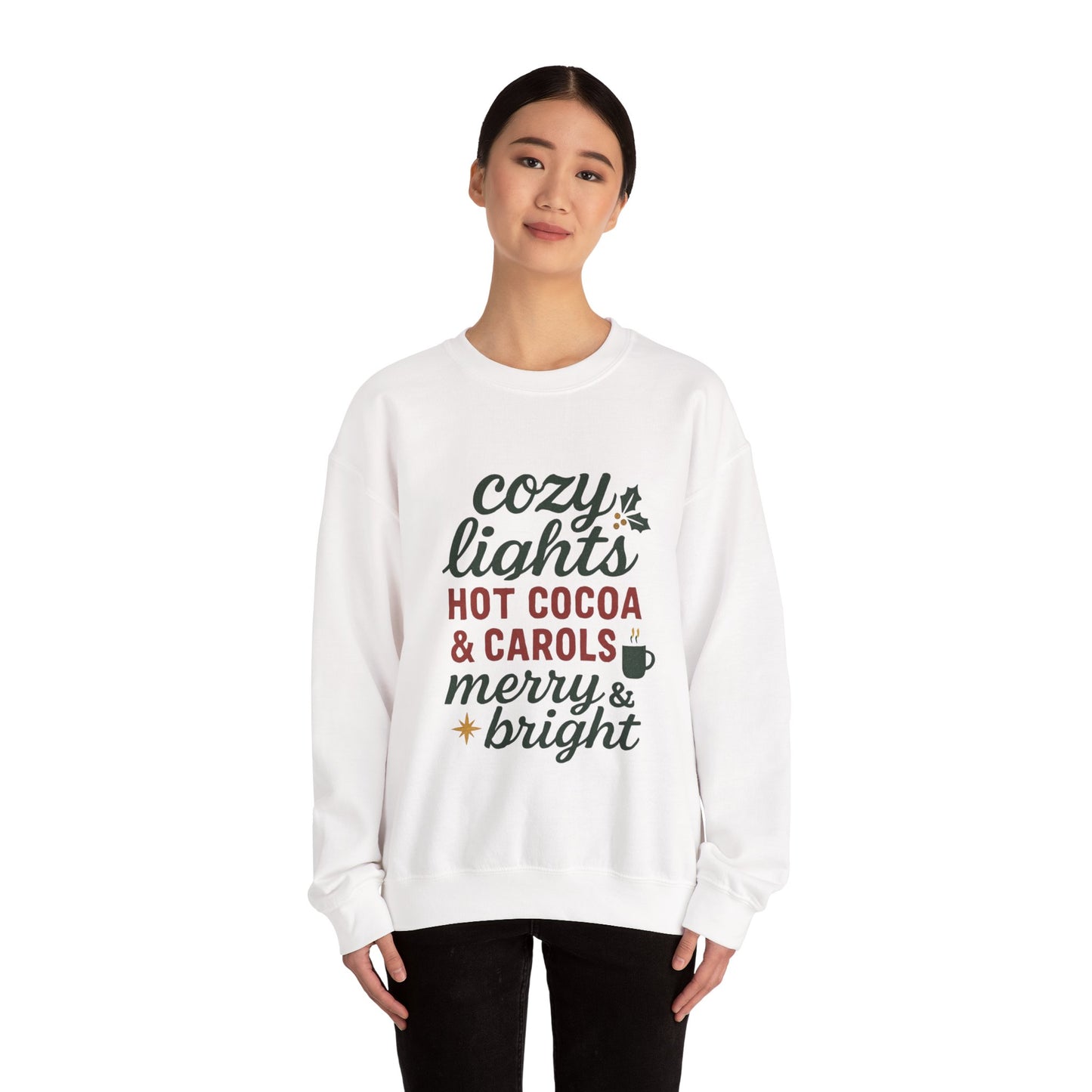 Cozy Lights Holiday Sweatshirt — "Cozy Lights Hot Cocoa & Carols" Christmas Crewneck