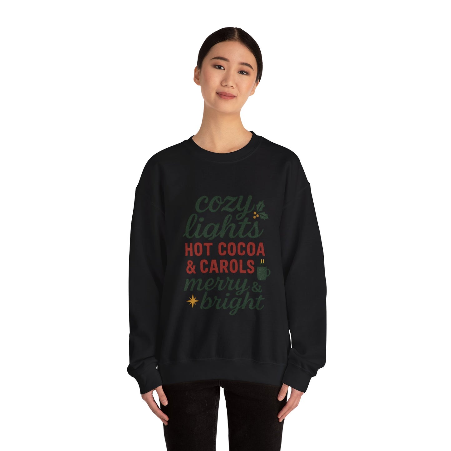 Cozy Lights Holiday Sweatshirt — "Cozy Lights Hot Cocoa & Carols" Christmas Crewneck