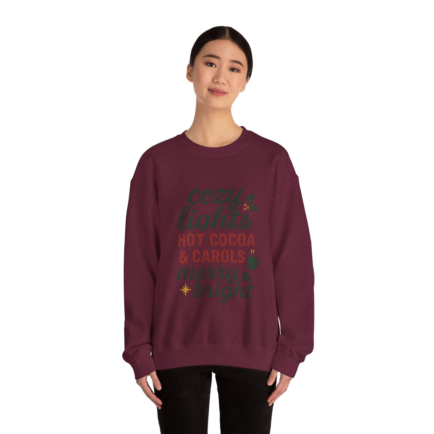 Cozy Lights Holiday Sweatshirt — "Cozy Lights Hot Cocoa & Carols" Christmas Crewneck