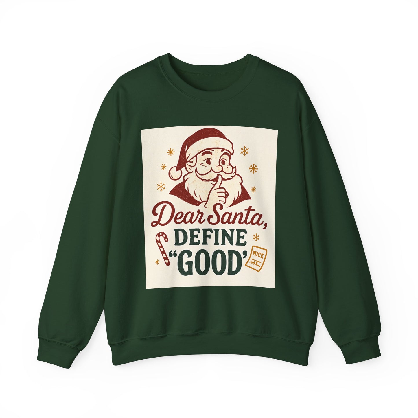Christmas Sweatshirt – "Dear Santa, Define 'Good'" Retro Santa Holiday Crewneck