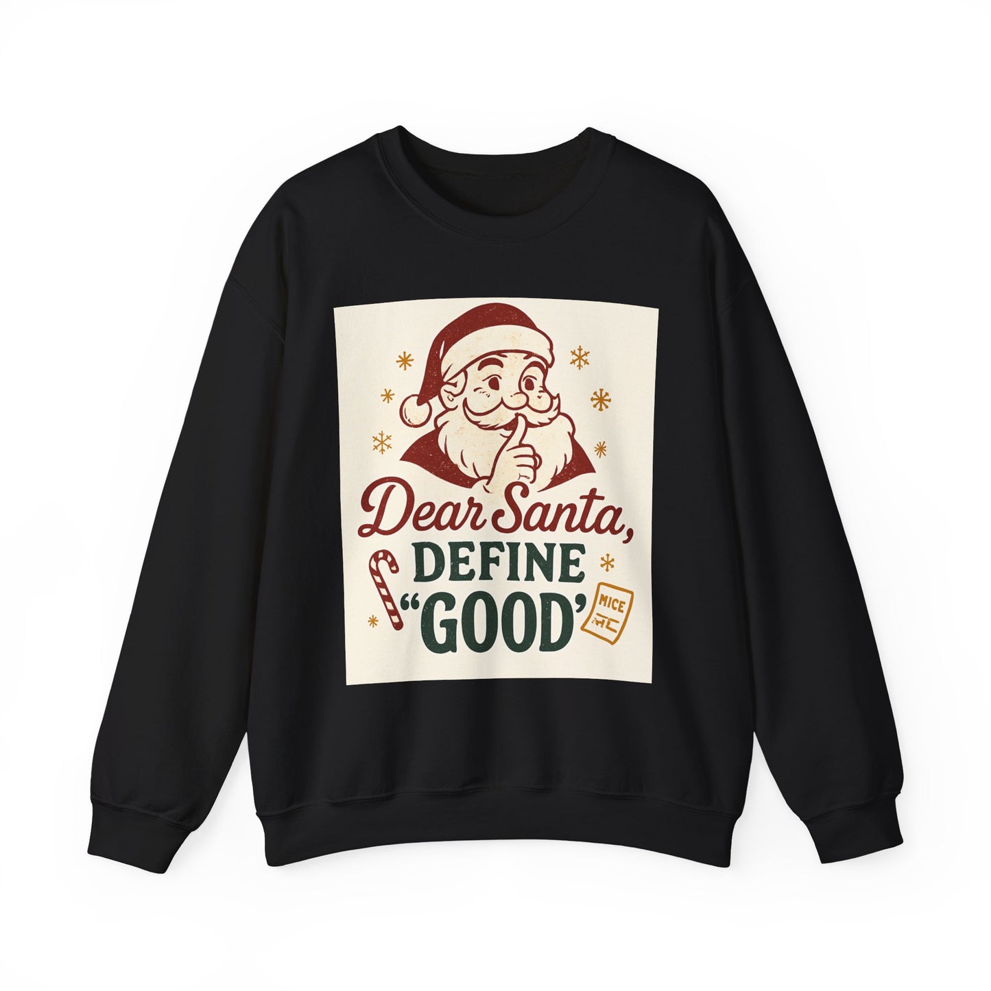Christmas Sweatshirt – "Dear Santa, Define 'Good'" Retro Santa Holiday Crewneck